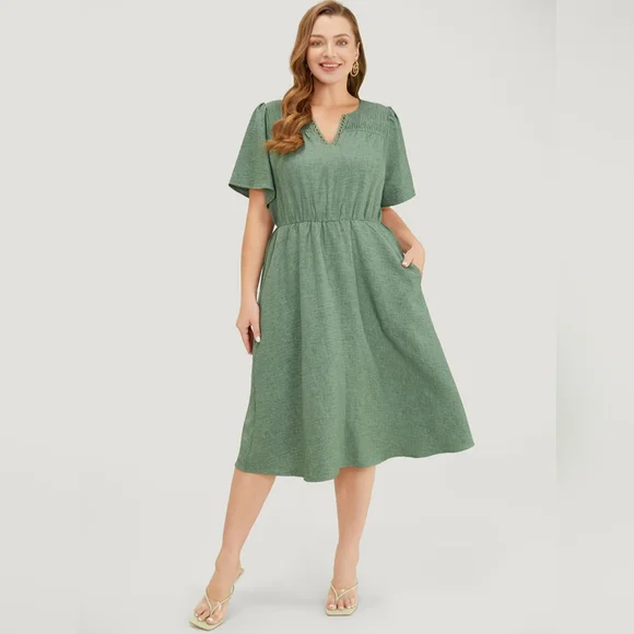 BloomChic Size 26 Sage Green Midi Dress Pintuck V-Neck Plus Size Spring - Picture 3 of 7